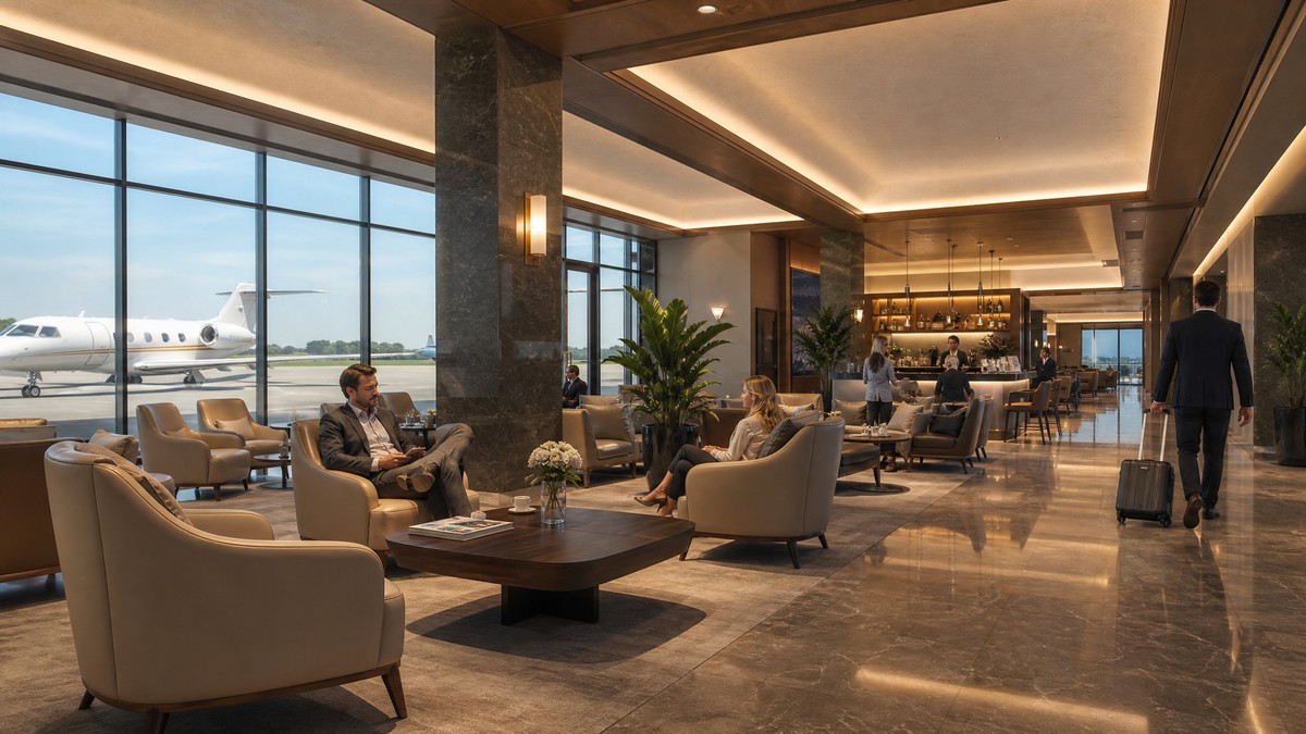 Luxurious lounge of an FBO terminal at Paris-Le Bourget, business travellers and a private jet visible through floor-to-ceiling windows