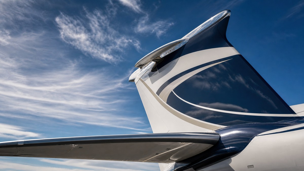 Gros plan sur l'empennage d'un jet privé aux couleurs bleues sur fond de ciel dégagé