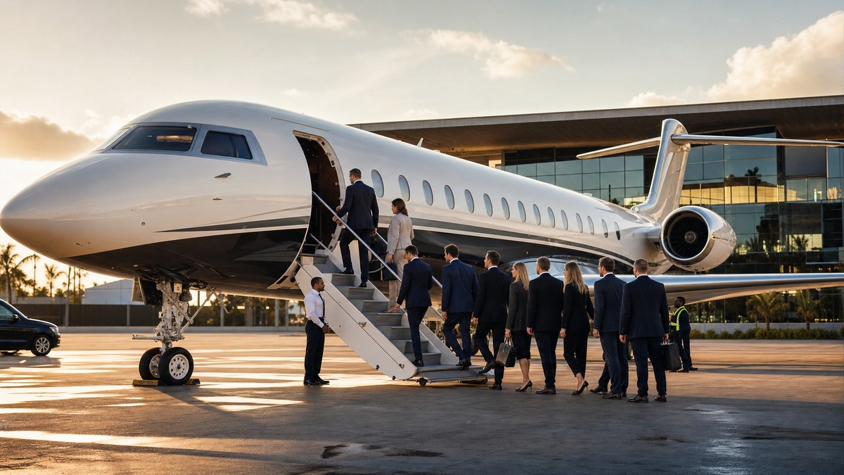 Group of eight professionals boarding a large private jet on the tarmac at sunset