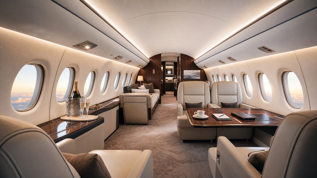 Cabine intérieure d'un jet privé Falcon Dassault avec fauteuils en cuir crème, boiseries et service champagne