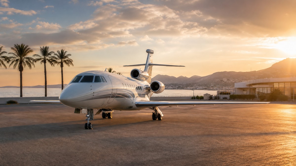 Jet privé Dassault Falcon sur le tarmac d'un aéroport privé au coucher du soleil avec vue sur la mer Méditerranée