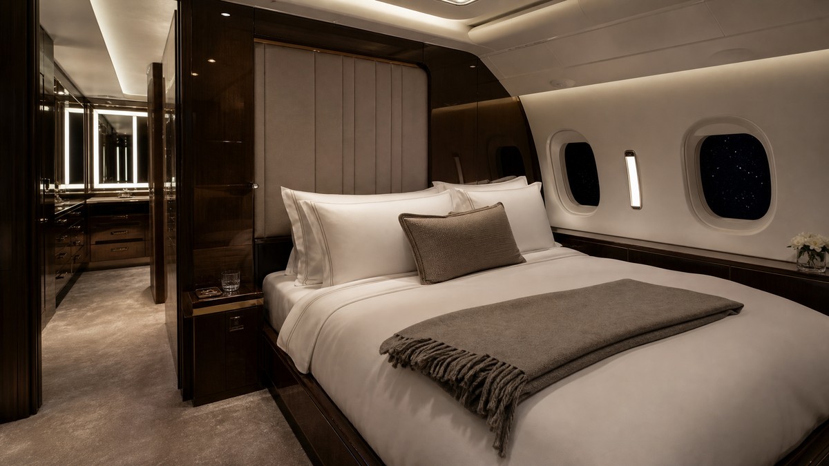 La suite dormitorio de un jet privado ultra larga distancia: el hotel 5 estrellas a 12.000 metros Suite dormitorio de un jet privado ultra larga distancia por la noche: cama gran formato con ropa de cama blanca y manta de cachemira, carpintería oscura, ventanillas sobre cielo estrellado y baño adyacente