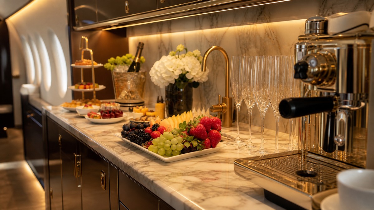 La galley gastronómica de un jet privado: un restaurante a 12.000 metros de altitud Galley de un jet privado de alta gama: encimera de mármol de Carrara, copas de champán alineadas, bandeja de frutas frescas y cafetera, griforía dorada