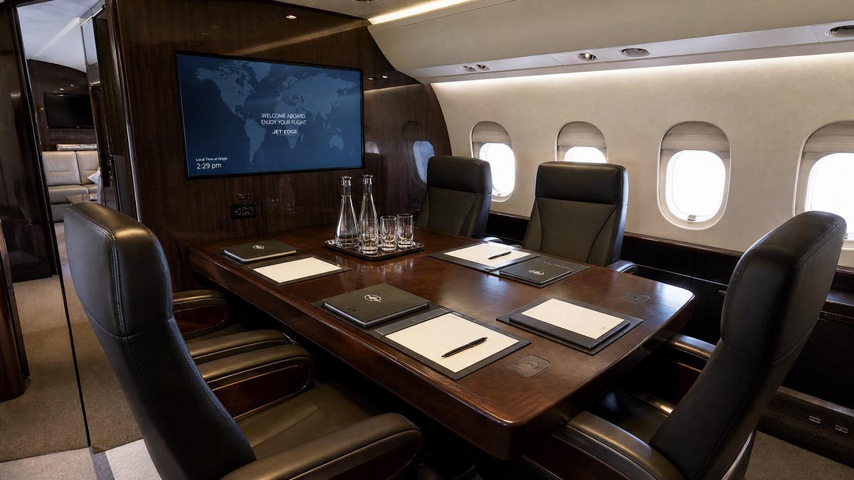 Zona de reuniones a bordo de un jet privado: confidencialidad total a gran altitud Configuración sala de reuniones en un jet privado heavy: mesa de caoba, sillones de dirección en cuero negro, pantalla de presentación y vistas por las ventanillas