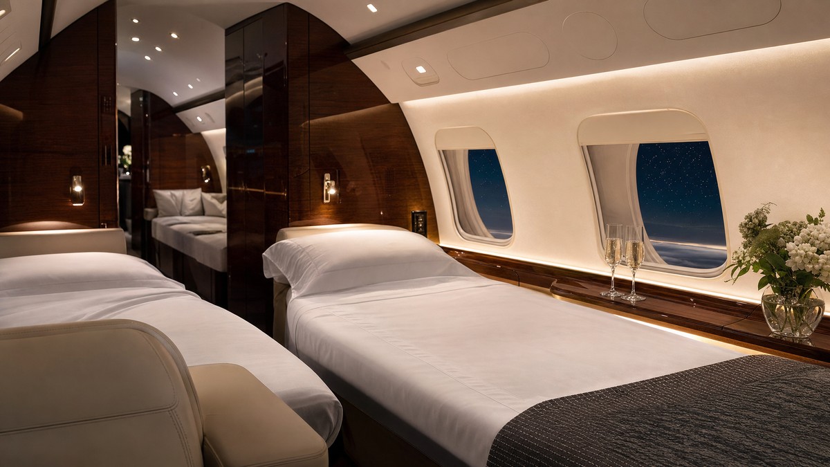 Cabine chambre d'un jet privé long courrier avec lits plats et hublots sur ciel étoilé nocturne