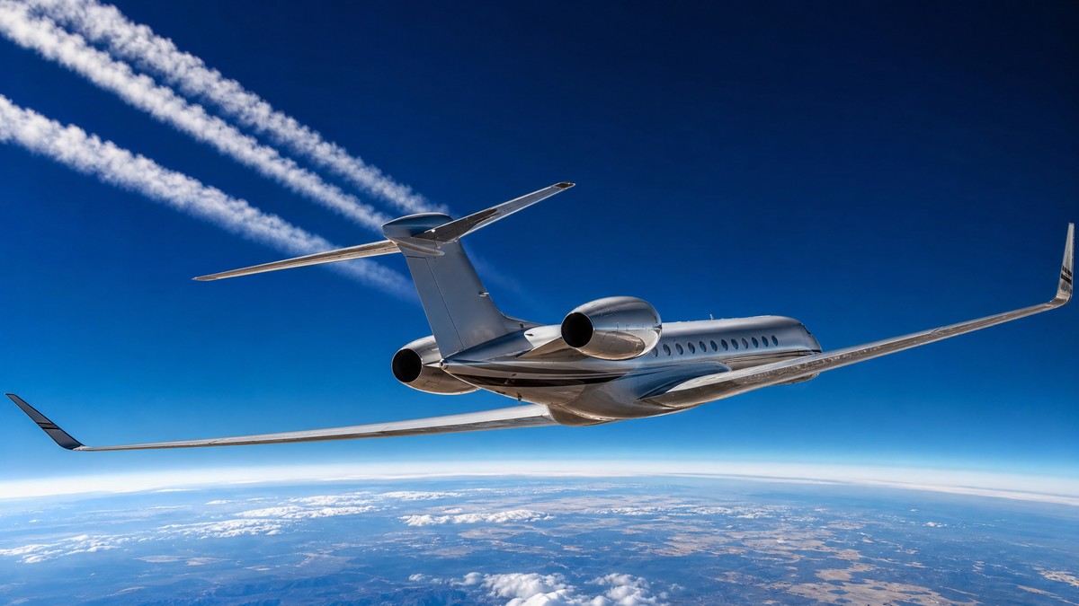 Jet privé ultra long courrier en croisière à haute altitude avec trainées de condensation sur fond de ciel bleu profond