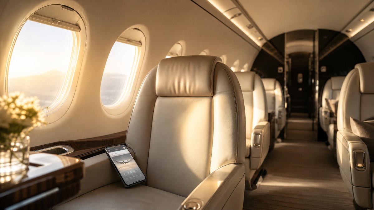 Interior de un jet privado ligero con butaca de cuero crema y un smartphone para reservar un vuelo en jet privado barato