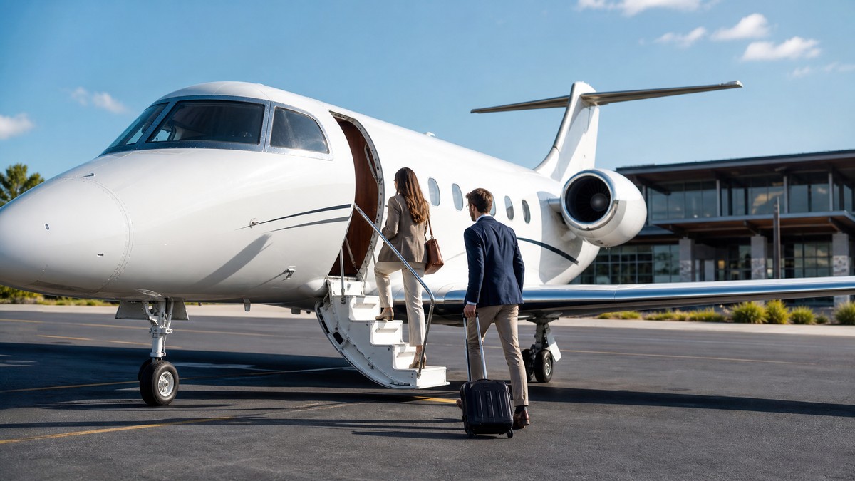 Pareja embarcando en un pequeño jet privado en un aeródromo regional con cielo azul, con acceso directo al pie del avión