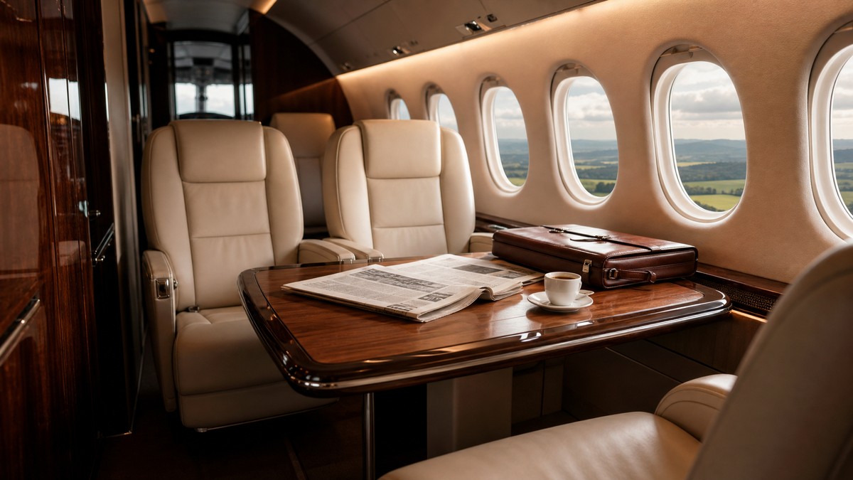 Cream leather club seating and polished wood table inside a luxury turboprop private jet cabin with countryside view through oval windows