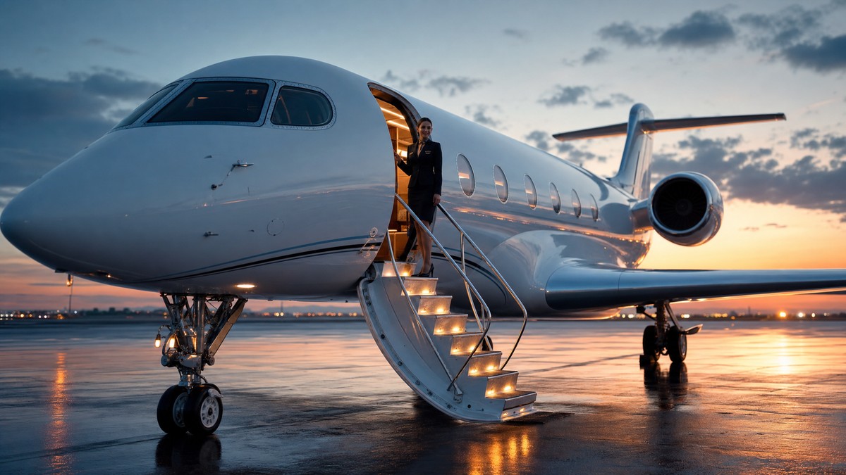 Hôtesse en uniforme accueillant les passagers en haut des airstairs d'un jet privé blanc, ciel crépusculaire et tarmac mouillé