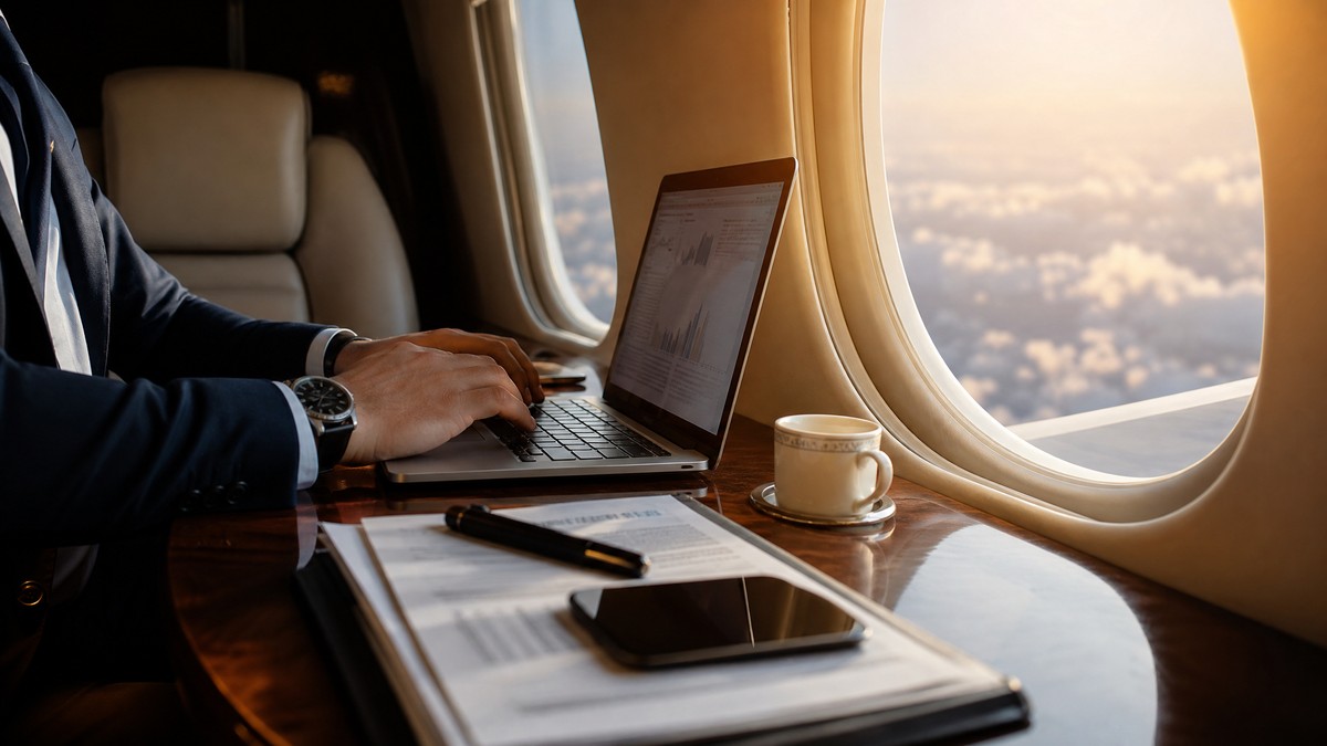 Passager en costume travaillant sur ordinateur portable à bord d'un jet privé, café sur la table en bois, hublot et nuages en arrière-plan