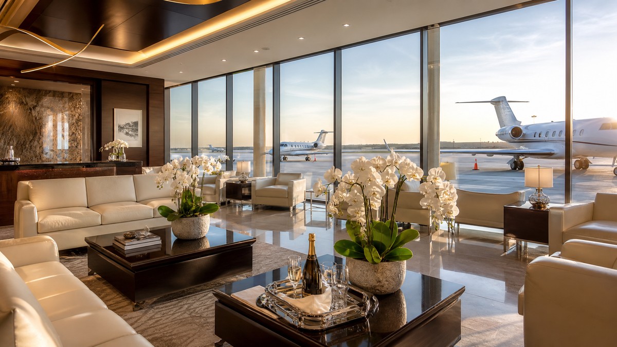 Salon VIP d'un terminal FBO d'aviation privée : canapés en cuir blanc, orchidées, champagne, baies vitrées donnant sur des jets privés sur le tarmac